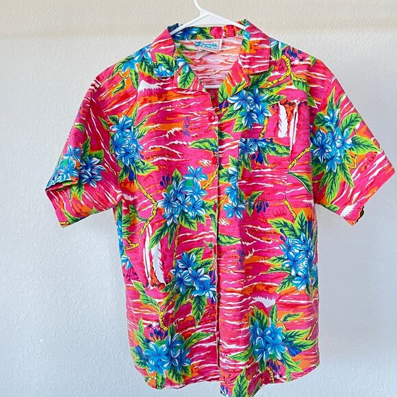 Vintage Beverly Hills Blues Button Down Tropical Pink Hawaiian - Picture 3 of 7